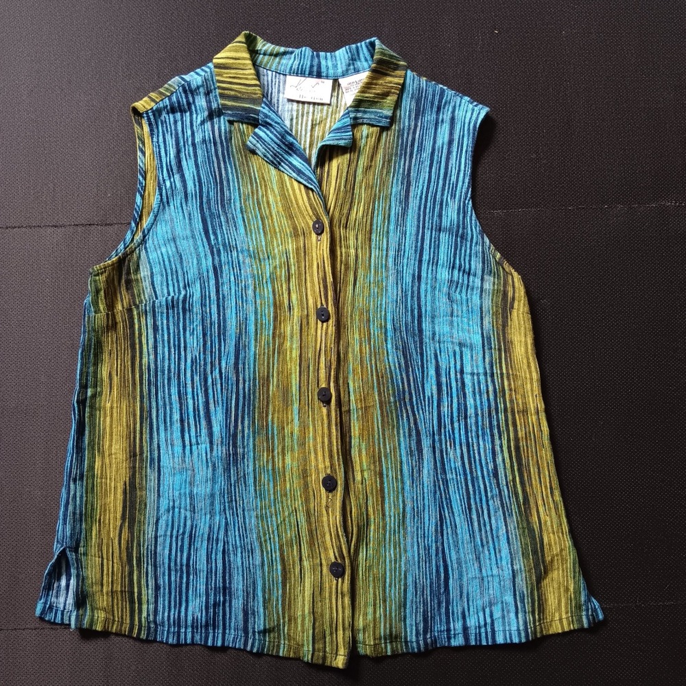 Kathie Lee Button Down Top Womens Large Blue Excellent Rayon Sleeveless Striped